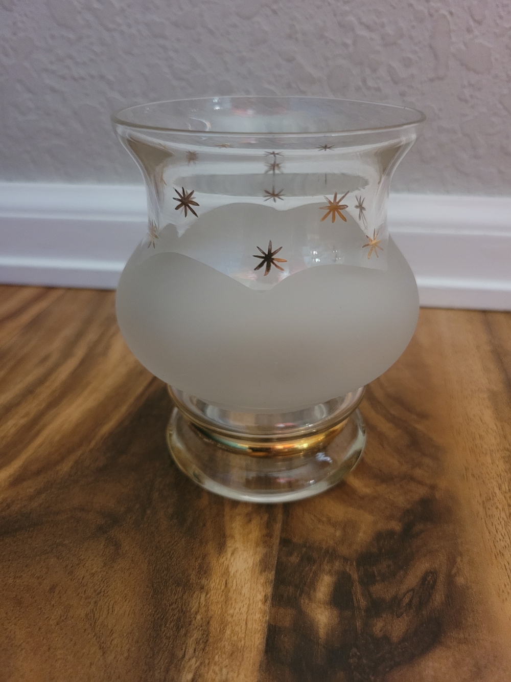 Vintage Frosted Glass MCM Star Accent Votive - Gold Detail